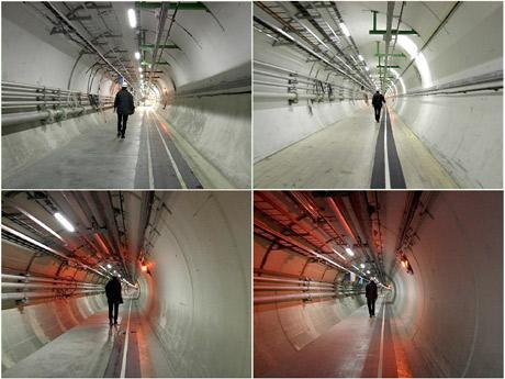 4 photos of a man walking through CERN's underground tunnel