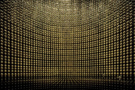 Inside of a vast neutrino detector with tiny boat at bottom. Artwork by Andreas Gursky