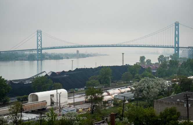 Petcoke piles along the Detroit river. Byproduct of tar sands oil refinement at the Marathon refinery in Detroit Michigan. Photo: James Fassinger